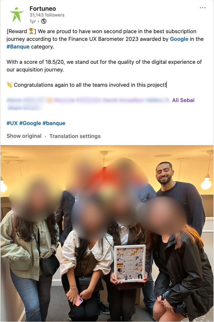 Publication LinkedIn de Fortuneo annonçant la 2e place au Baromètre Finance UX 2023 de Google, avec Ali Sebai sur la photo de l'équipe